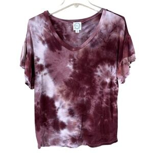 Blue Rain knit top purple tie-dye double flutter sleeves V-neck size S